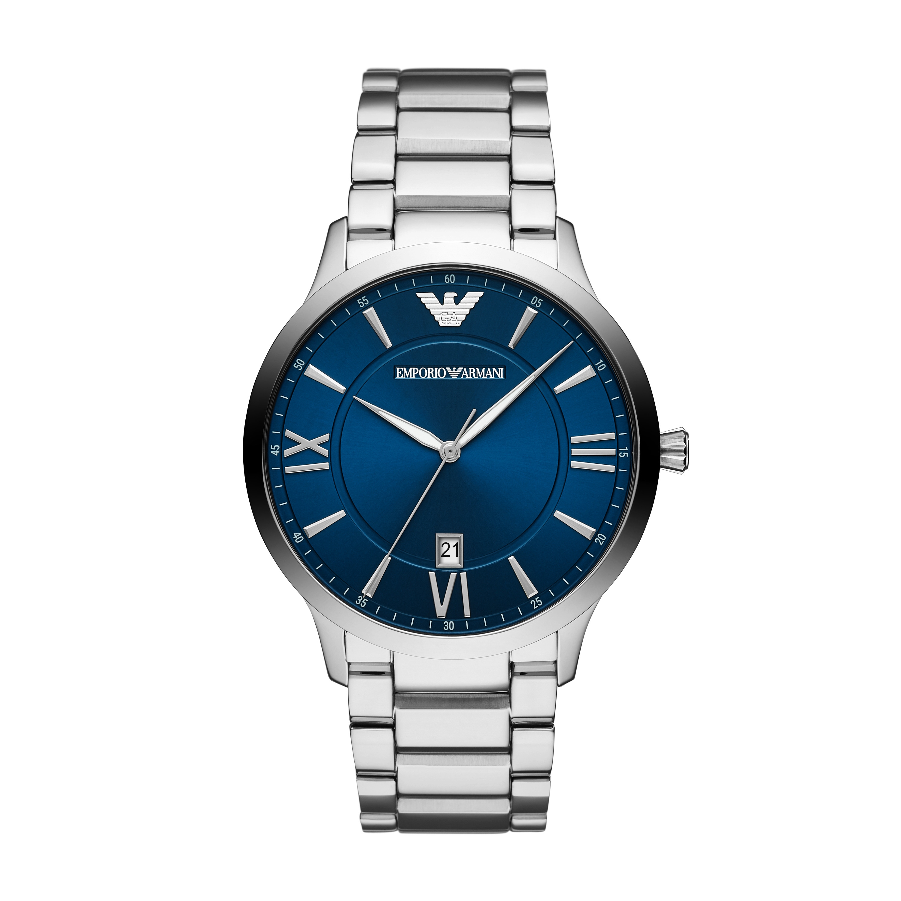 armani silver watch blue face