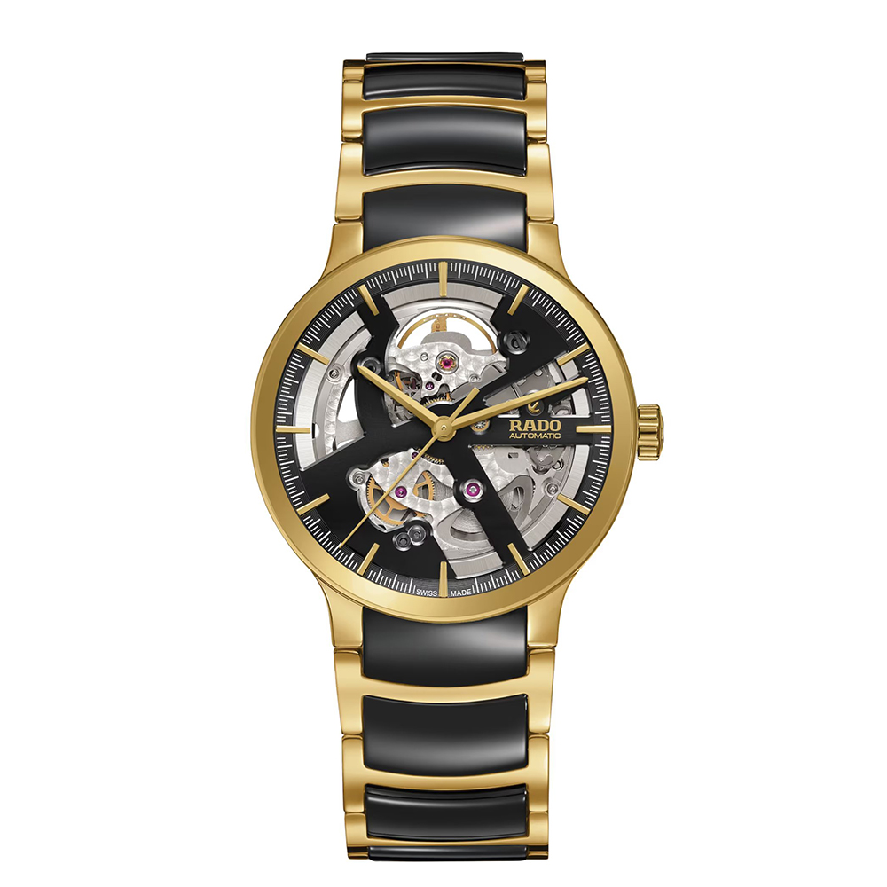 Rado Centrix 38mm Open Heart Black Ceramic Gold Watch Peter Jackson