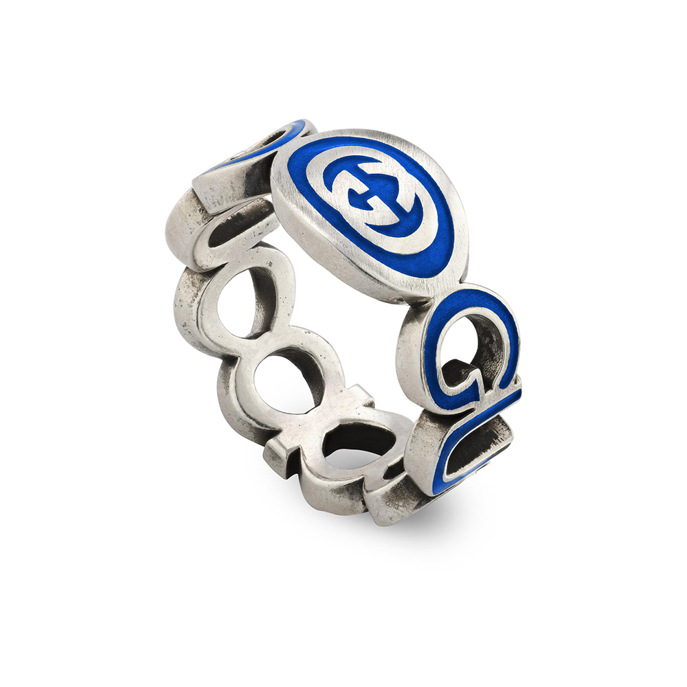 Gucci Interlocking Blue Enamelled Sterling Silver Ring