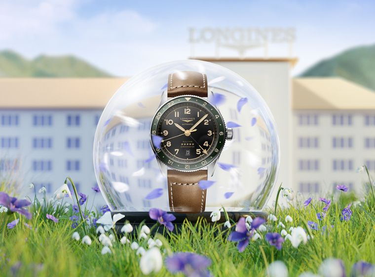Longines Spirit brown leather strap watch on a spring time backdrop