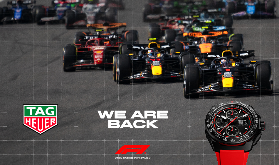 Tag Heuer red carrera watch overlaying an image of Patrick Dempsey in a car