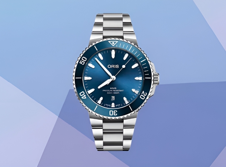 Oris Aquis Watch with Blue dial and bezel on a steel bracelet on a blue and purple background 