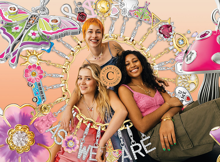 3 women in the background of a thomas Sabo charm bracelet surrounded by a variety of charms 